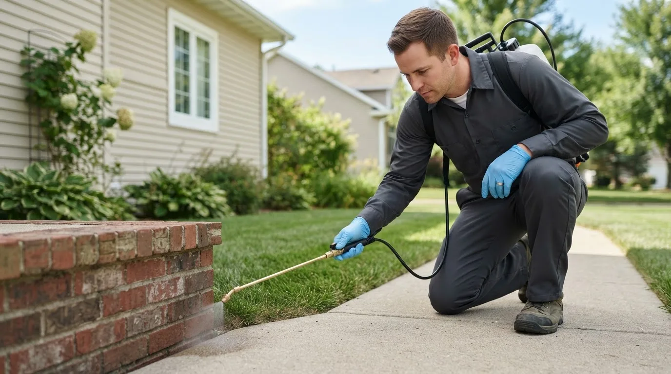 Pest control technician treating a home near Weston, MO