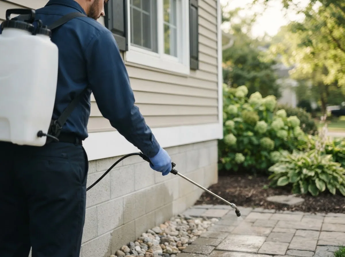 Pest control technician inspecting a home in Weston, MO